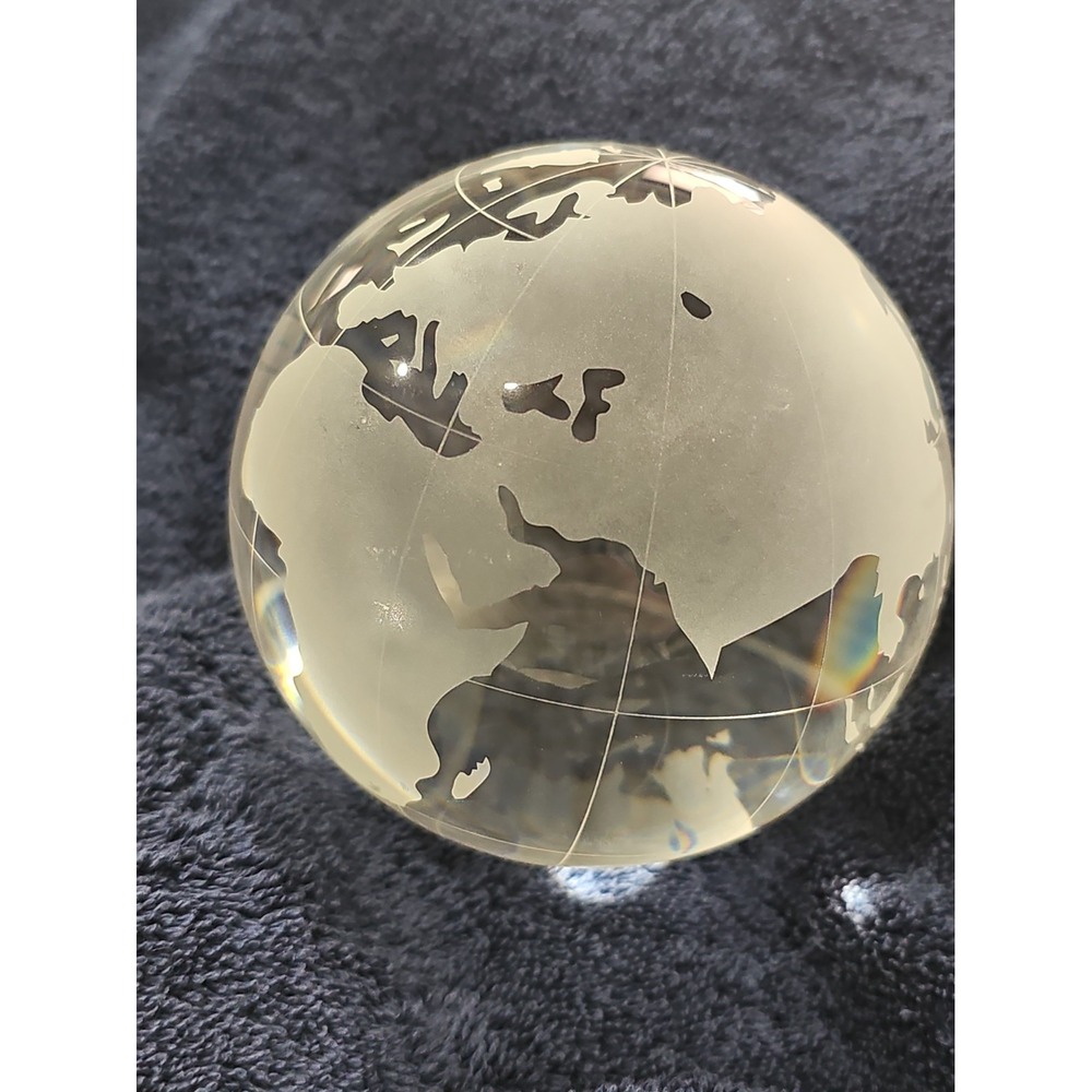 Vintage World Globe Paperweight Clear Frosted Glass Ball 3" Earth Map